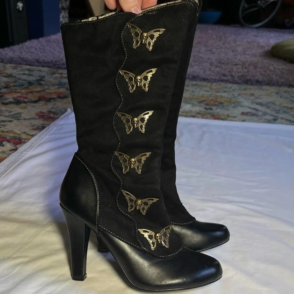 Demonia Black Heeled Boots with Gold Butterfly Accents - Picture 5 of 8